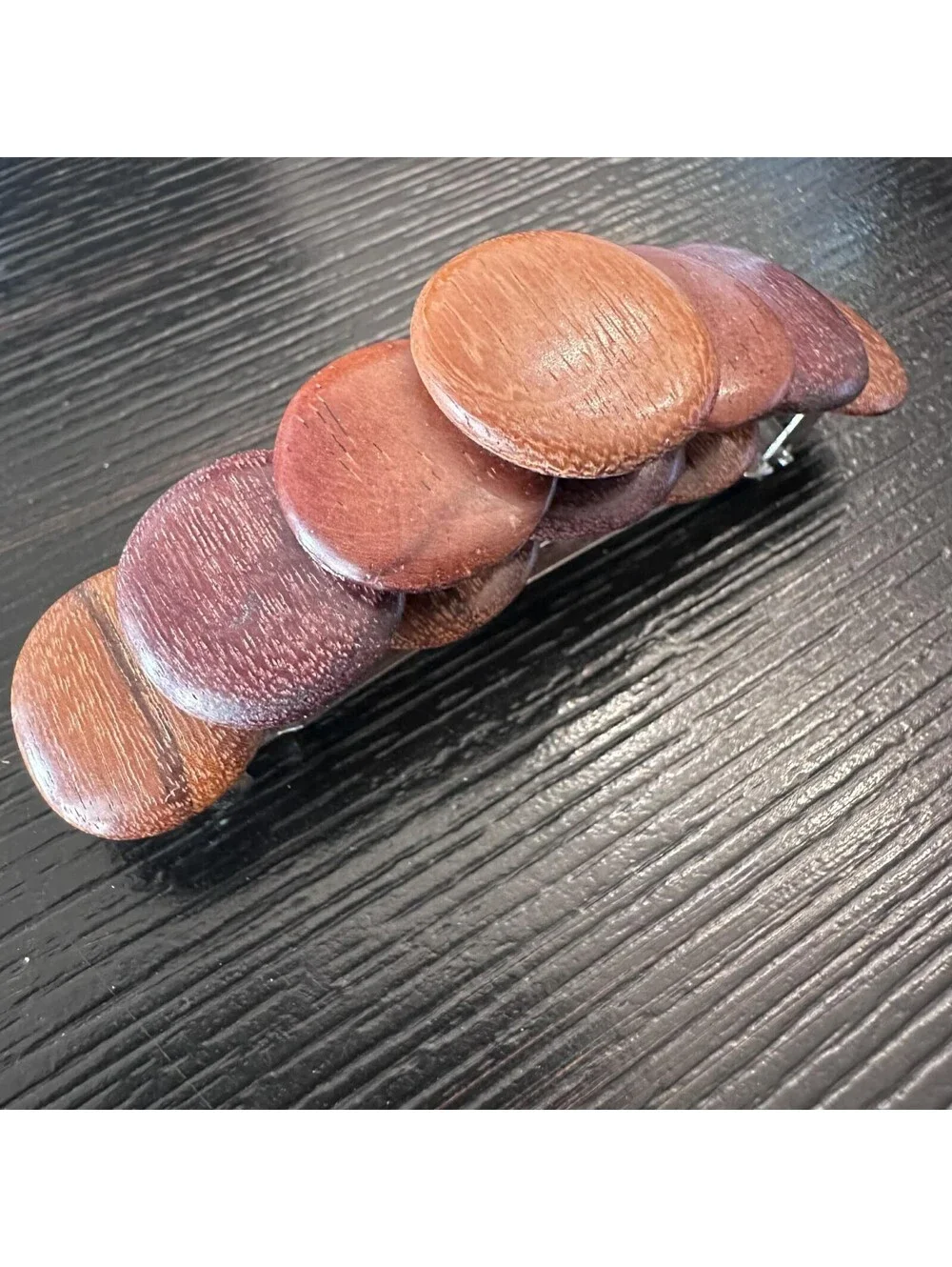 Vintage Made In France Wooden Disc Barrette Brown Wood Hair Clip Boho VGC